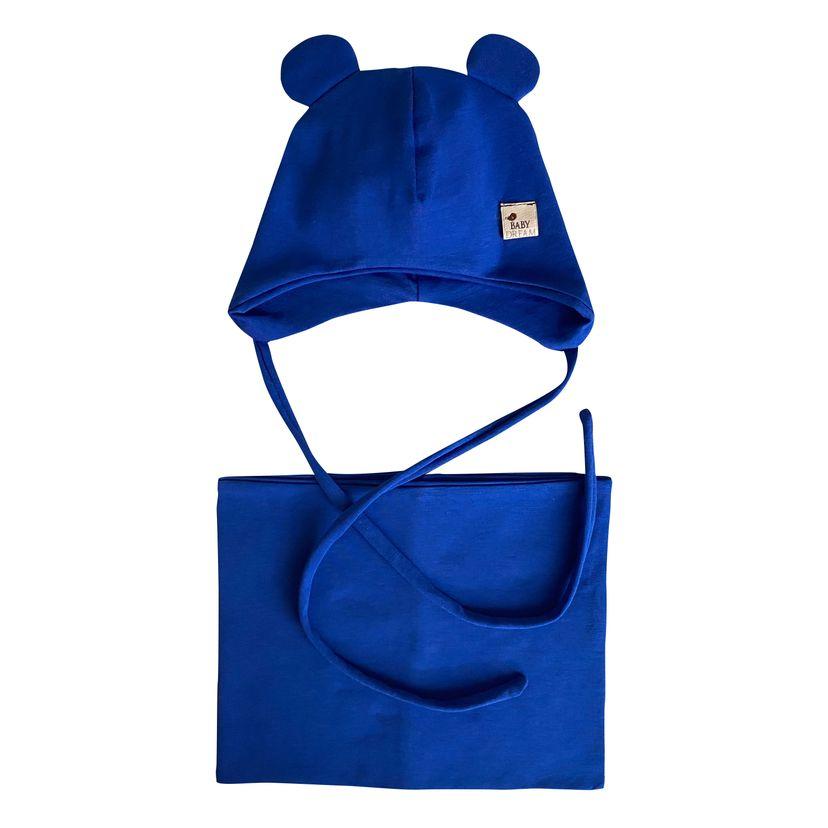 Комплект для хлопчика двошарова шапка на зав'язках з вушками та снуд, яскраво-синій — Babydream