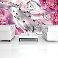 Флизелиновые фото обои абстрактные цветы 312x219 см 3Д Бутоны розовых роз - бриллианты и вензеля