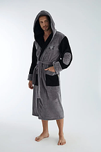 Чоловічий махровий халат велюровий на поясі довгий, халати чоловічі з капюшоном домашній Сірий
