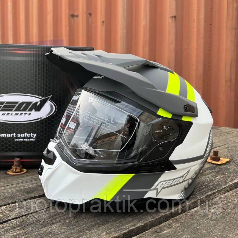 GEON MX722 (DUAL-SPORT) GRAPHIC MATT WHITE/GREY/FLUO YELLOW, XS Мотошолом ендуро (мотард) з окулярами