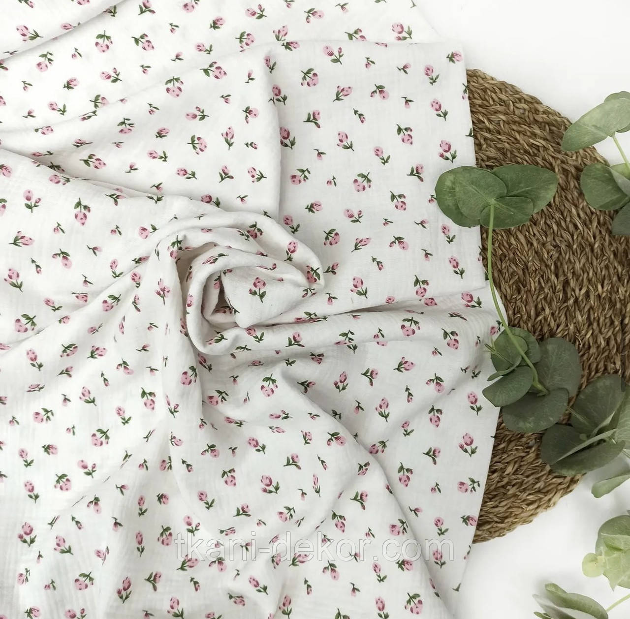 Муслін (бавовняна тканина) трояндочки на білому (ширина 1,35 м), фото 1