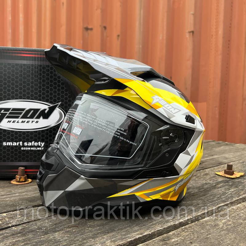 GEON MX722 (DUAL-SPORT) GRAPHIC GREY/WHITE/YELLOW, XS Мотошолом ендуро (мотард) з окулярами