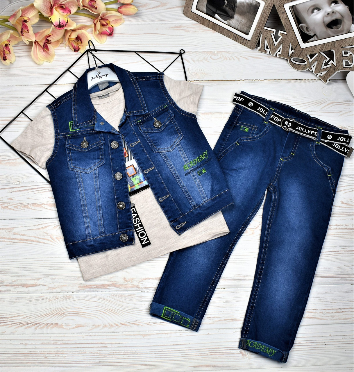 Костюм трійка стильний літній з джинсами для хлопчика 3-4 років