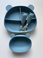 Детская силиконовая посуда для первого прикорма набор Мишка Мини синяя дымка