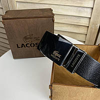 Кожаный мужской ремень пряжка автомат в стиле Лакоста крокодил, черный поясной ремень Lacoste натуральная кожа