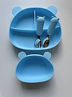 Дитячий силіконовий посуд для першого прикорму набір Ведмедик Міні блакитний