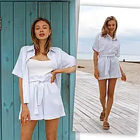 Білий жіночий літній лляний костюм: сорочка та шорти 13-293-6