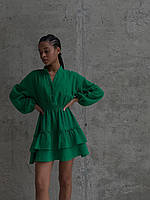 Красивое нежное женское мини платье из муслина с объемными рукавами и пышной юбкой солнце 42/46, Зеленый