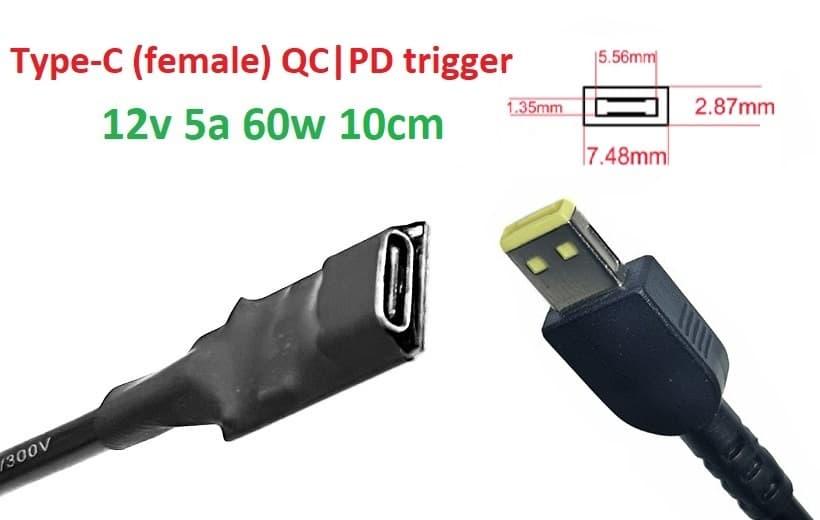 Переходник на 12v (max 5a, 60w) Square tip 7.50x2.89mm (NO pin) 8-10cm з USB Type-C (Female) Quick Charge - фото 1 - id-p1858331228