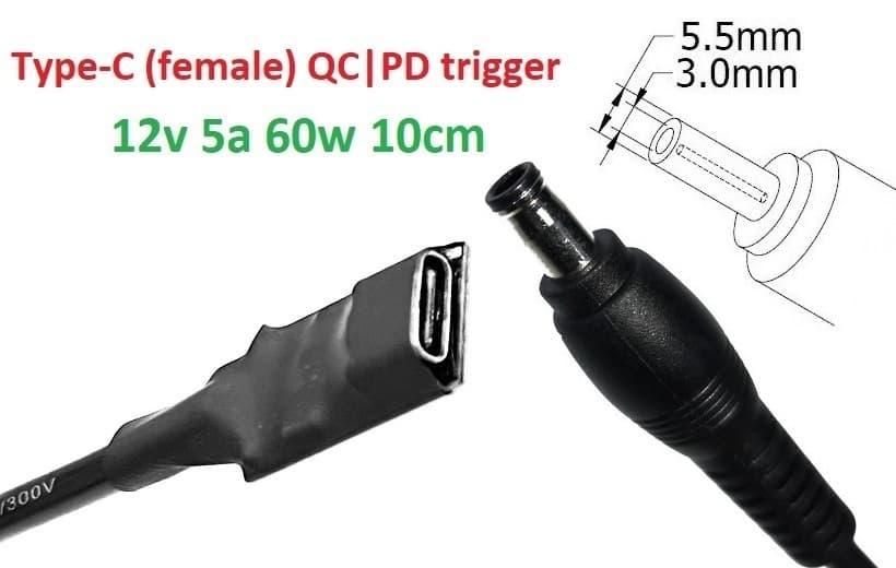 Перехідник на 12v (max 5a, 60w) 5.5x3.0 or 5.0x3.0mm (+pin) 8-10cm з USB Type-C (Female) Quick Charge Power Delivery QC|PD тригер