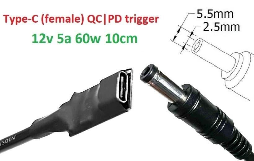 Перехідник на 12v (max 5a, 60w) 5.5x2.5mm 8-10cm з USB Type-C (Female) Quick Charge Power Delivery QC|PD тригер (A class) 1 день