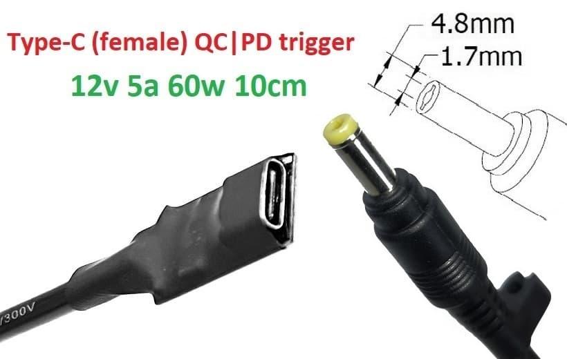 Перехідник на 12v (max 5a, 60w) 4.8x1.7mm 8-10cm з USB Type-C (Female) Quick Charge Power Delivery QC|PD тригер (A class) 1 день