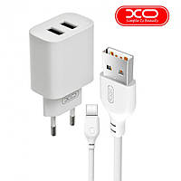 Сетевое зарядное устройство XO CE02C на 2USB 2.1A Белый + Кабель Lightning "Kg"