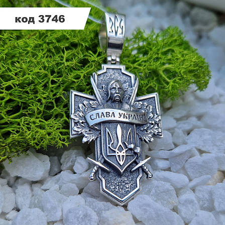 Срібний великий кулон хрест "Козак" 925° проби із чорнінням | Срібний хрест з козаком | Кулон ЗСУ, фото 1