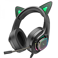Наушники Hoco игровые проводные с кошачьими ушками подсветка микрофон W107 Cat Ear Green