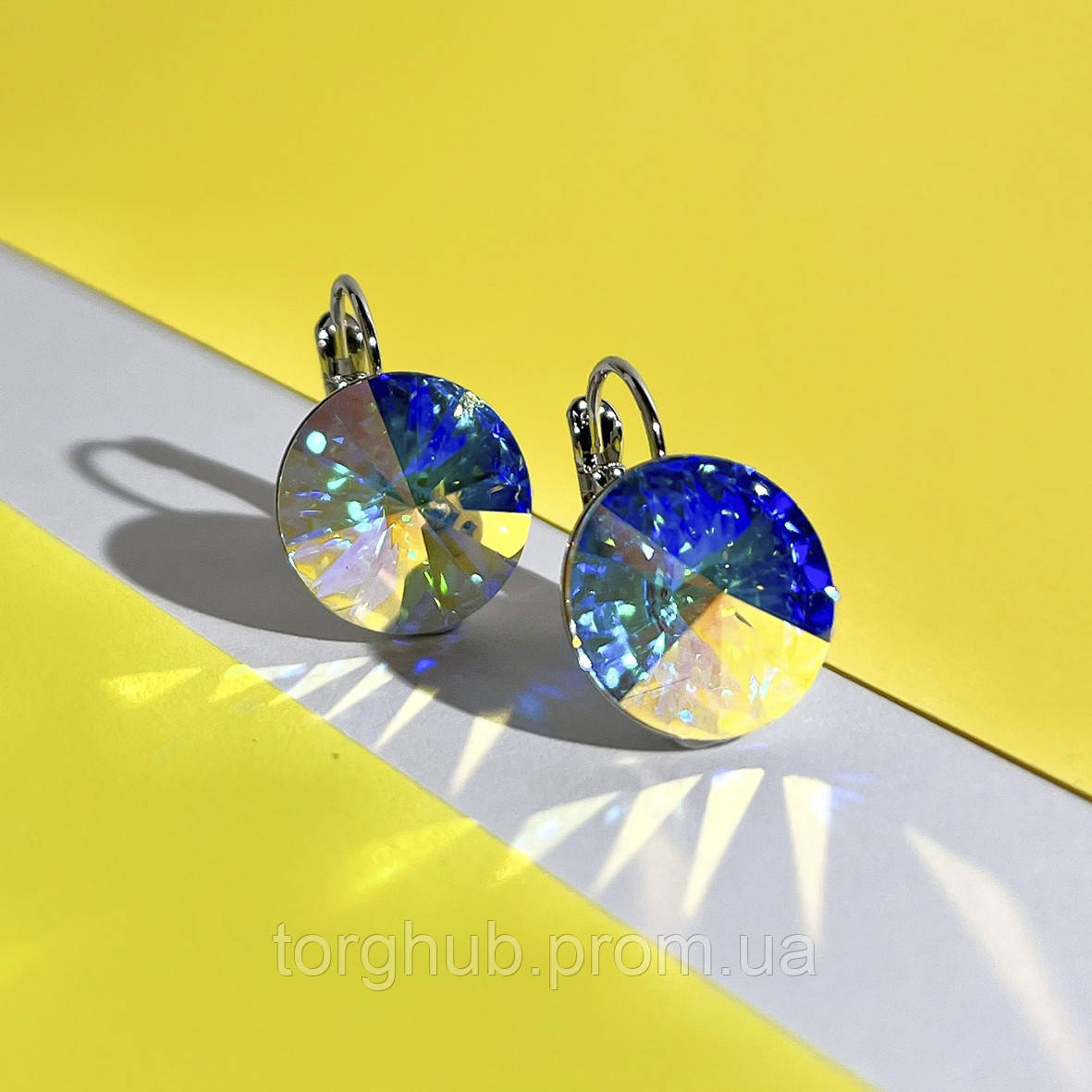 Сережки патріотичні медзолото із кристалами Swarovski Сережки синьо-жовті Сваровські
