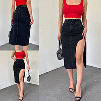 Женская джинсовая черная юбка с разрезом сбоку