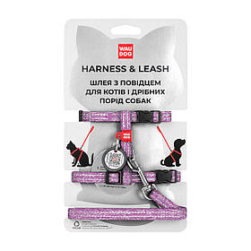 Шлея з повідцем для котів світловідбиваюча з відновленої бавовни WAUDOG Re-cotton розмір XS, фіолетова