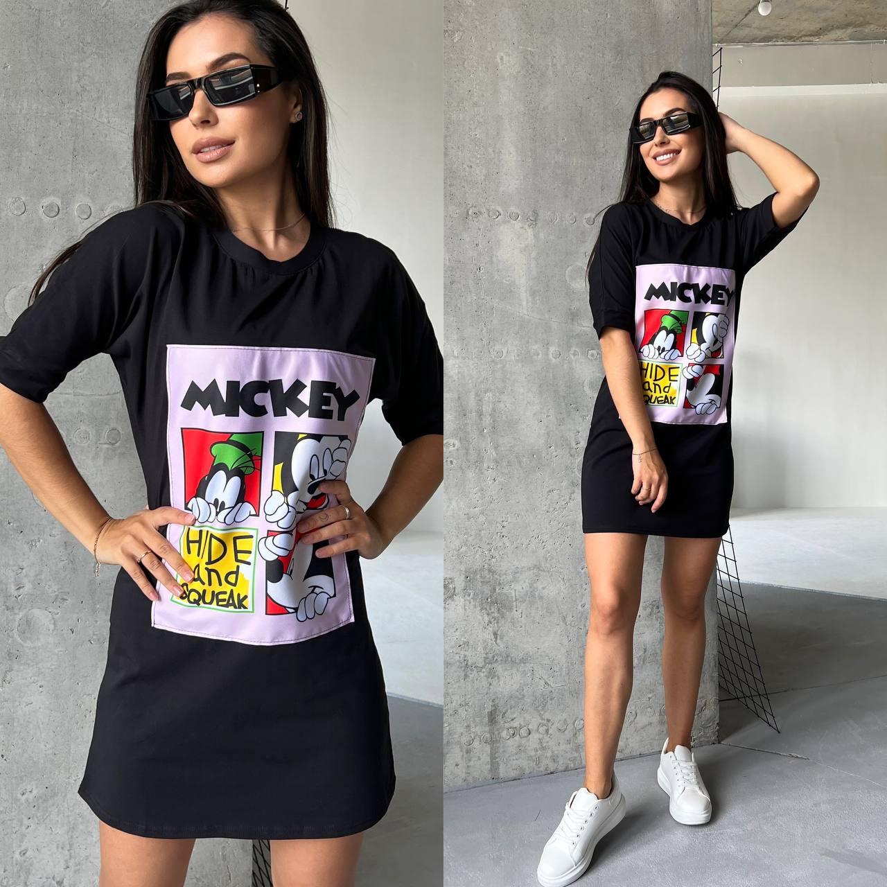 Коротке плаття футболка прямого крою з рукавом до ліктя та принтом мікі ( р. 42-50) 52035279, фото 1