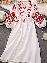 Біле плаття вишиванка міді з червоним візерунком і рукавами ліхтариками (р. S-М) 1035282r