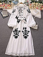 Белое платье вышиванка миди с черным узором и рукавами фонариками и поясом (р. S-XL) 1py5283r