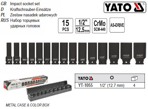 Набір головки торцеві ударні глибокі 1/2" М 10-32 l=78 мм 15 штук YATO-1055