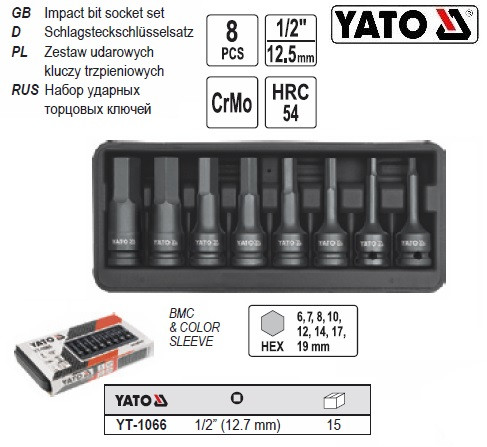 Набор насадок ударних HEX 1/2" 8 штук YATO-1066