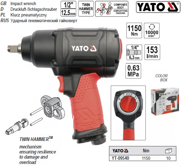 Гайковерт ударний пневматичний YATO 1/2" F=1150 Nm YT-0954