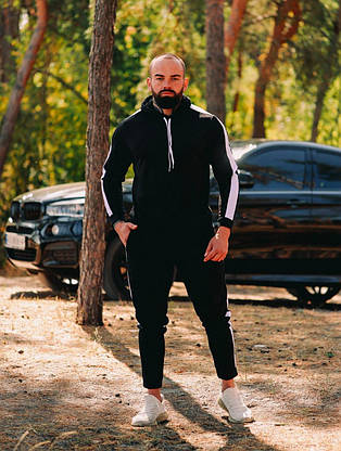 Спортивний костюм чоловічий весна-осінь чорного кольору з лампасом модний спортивний костюм повсякденний на хлопця, фото 2