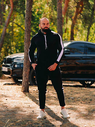 Спортивний костюм чоловічий весна-осінь чорного кольору з лампасом модний спортивний костюм повсякденний на хлопця, фото 4