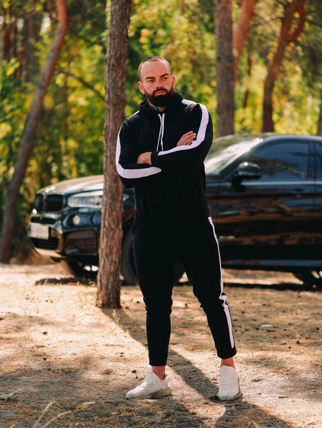 Спортивний костюм чоловічий весна-осінь чорного кольору з лампасом модний спортивний костюм повсякденний на хлопця, фото 1
