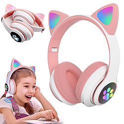 Бездротові навушники з підсвічуванням, STN-28, Рожеві / Блютуз навушники / Дитячі навушники з вушками