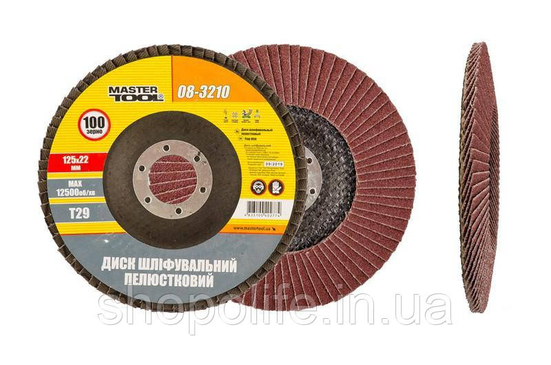 Диск шліфувальний пелюстковий конусний MASTERTOOL Т29 зерно 100 125х22 мм 08-3210 SPL, фото 1