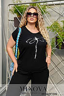 Спортивный легкий костюм с футболкой и брюками черного цвета с термонаклейкой, больших размеров от 50 до 64