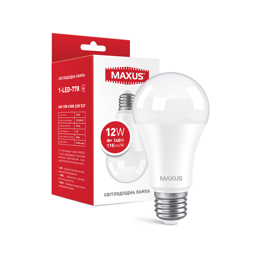Лампочка світлодіодна Maxus 1-LED-778 A60 12W 4100K E27