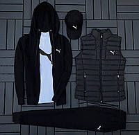 (п) ФЛИС Комплект с жилеткой Puma (худи на змейке+штаны+футболка черная+кепка+жилетка)