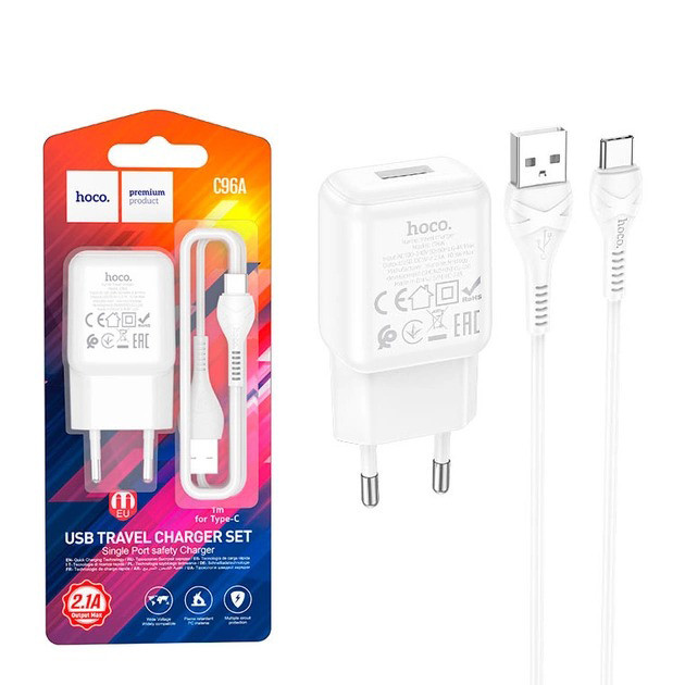 СЗУ зарядний пристрій HOCO C96A 1USB/2.1A з кабелем для заряджання USB - Type-C Білий, фото 1