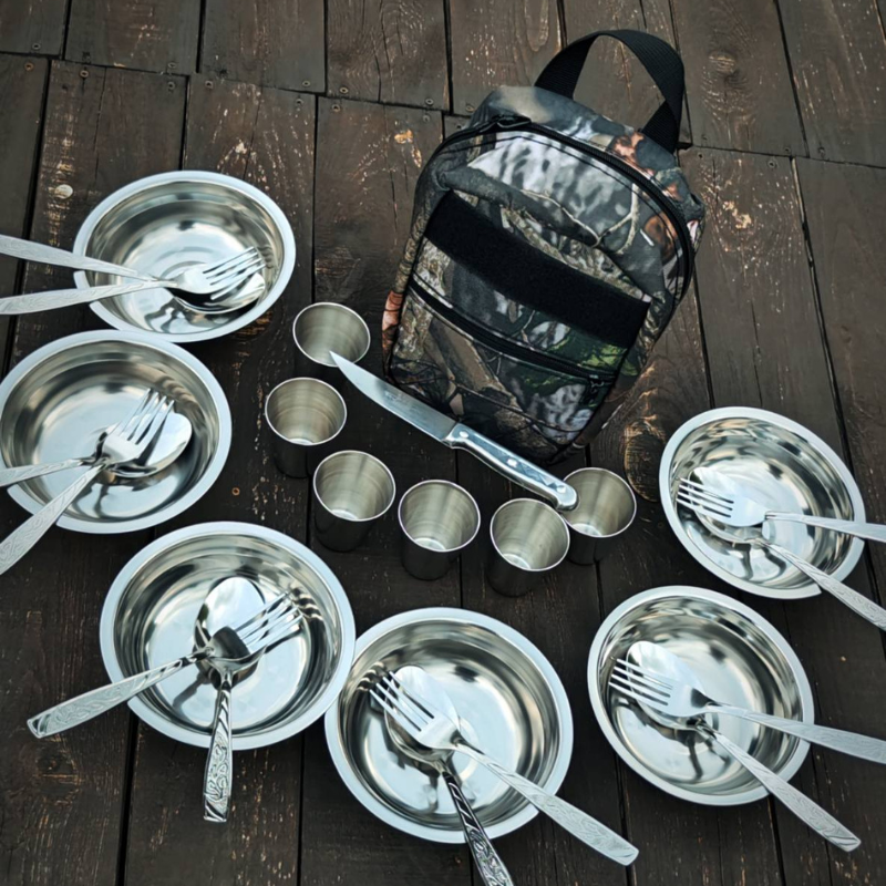 Посуд для природи і пікніка з нержавіючої сталі "Турист-6" в зручній сумці на 6 персон ( Набір для пікніка )