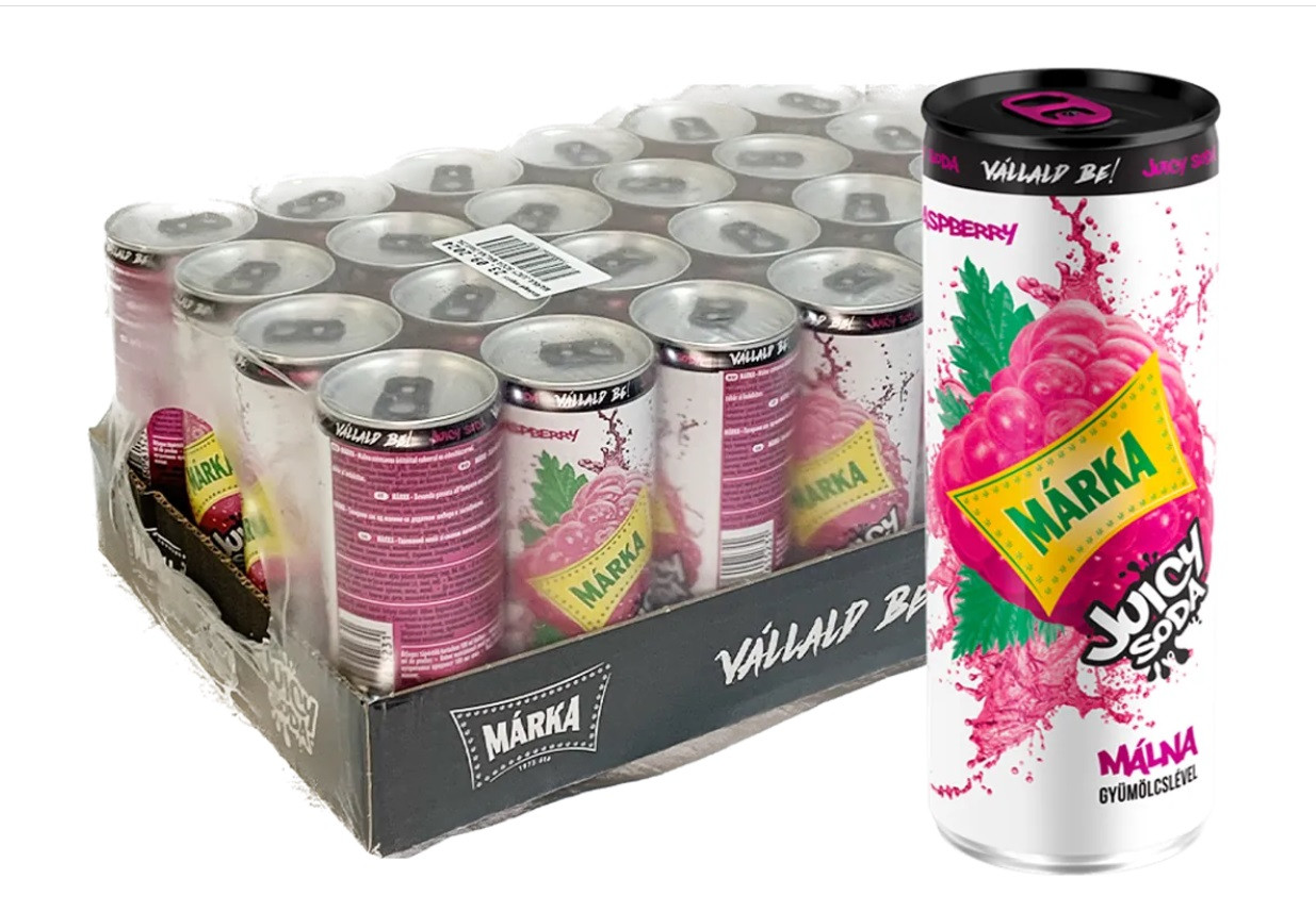 Напій Marka Juicy Soda Сильгазований з Соком і з Смаком Малини ж/б 250 мл Угорщина (24 шт./1 ящ)