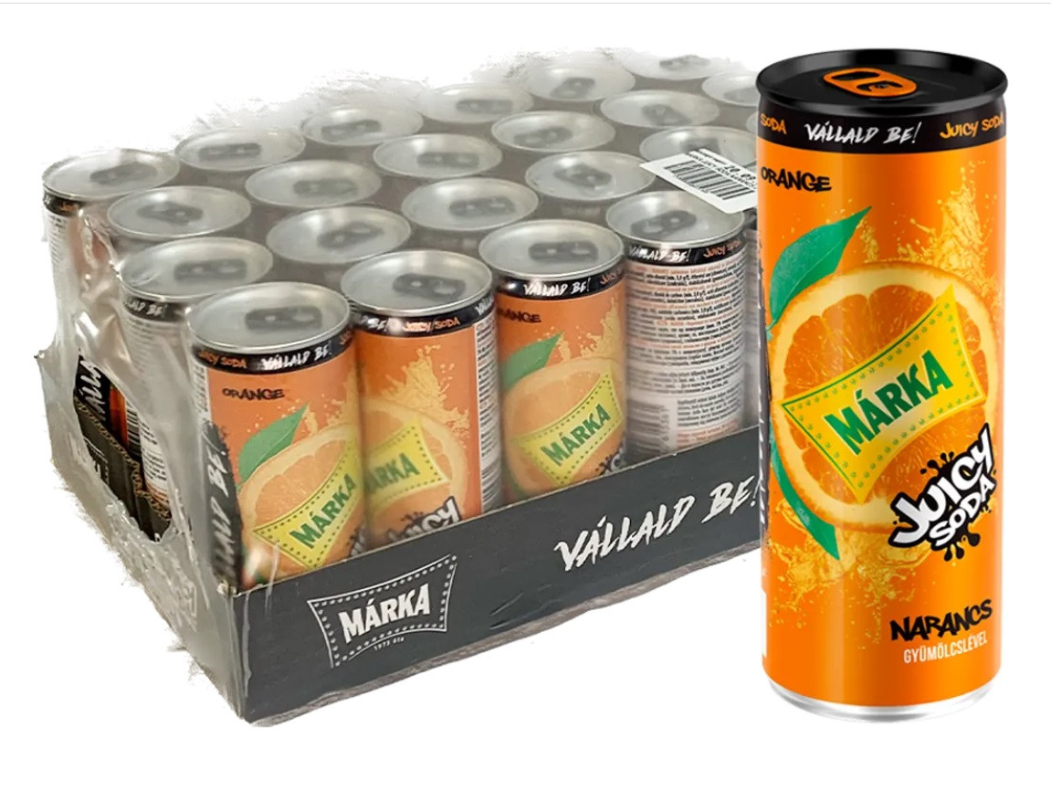 Напій Marka Juicy Soda Сильногазований з Соком і з Смаком Апельсина ж/б 250 мл Венгія (24 шт./1 ящ)