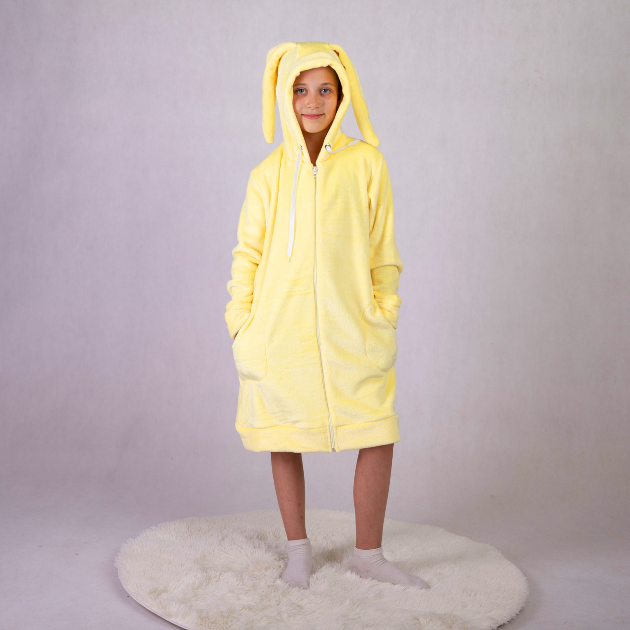 Дитячий махровий халат із вушками на блискавці "Вушка-колір лимонний пиріг" р.36, 38