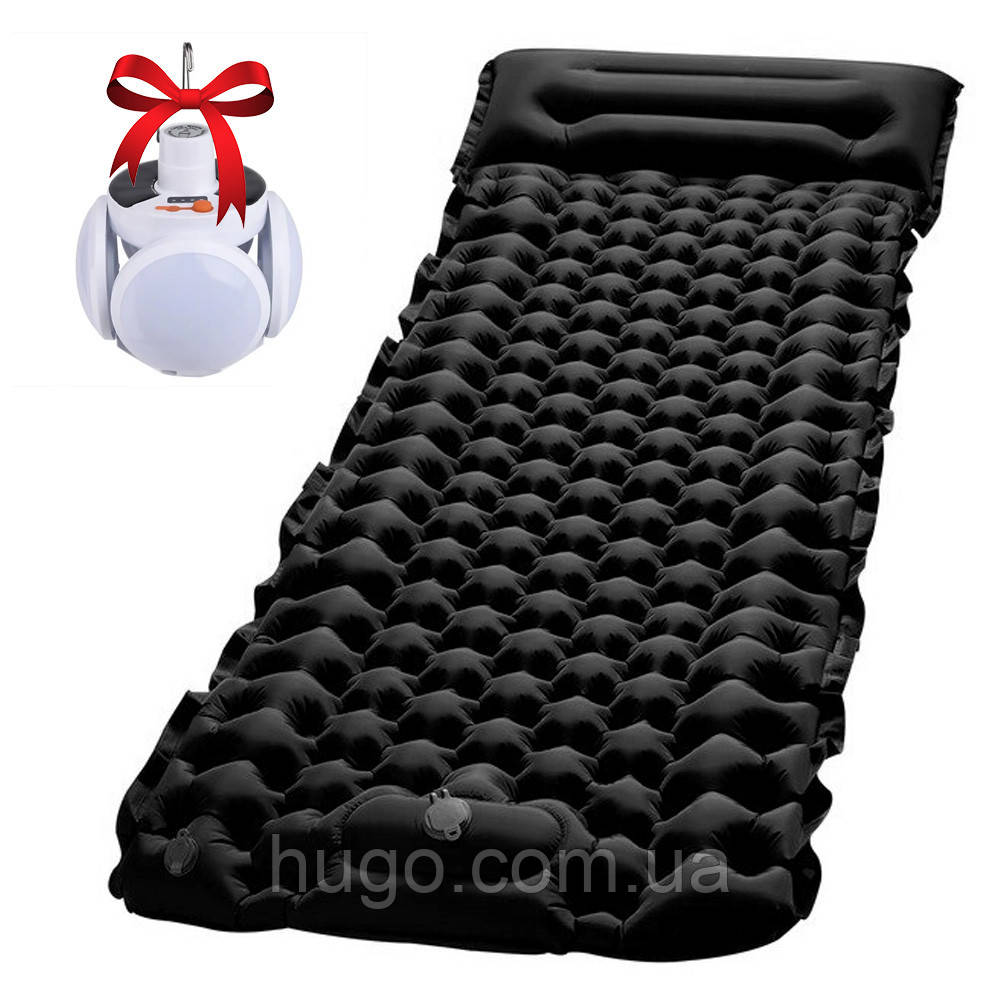 Надувний матрац з подушкою 188*58*6см, Outdoor Sleeping Black + Подарунок Кемпінговий ліхтар-лампа BL-2029