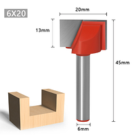 Фреза по дереву пазовая прямая с торцевыми зубьями Ø10 13 16 18 20 22 25 28 30мм (хвостовик 6 мм) 20