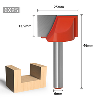 Фреза по дереву пазовая прямая с торцевыми зубьями Ø10 13 16 18 20 22 25 28 30мм (хвостовик 6 мм) 25