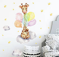 Наклейка декоративная виниловая на стену на шкаф на обои на мебель детская "Жираф шарами" 62*54 см