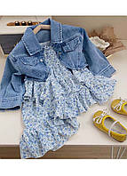 Дитячий костюм (сарафан, жакет), блакитний, комплект для дівчинки (сукня, джинсова куртка)