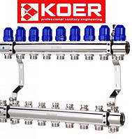 Коллектор для отопления на 9 контуров с термостатическими клапанами KOER (Чехия) латунь