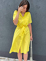 Жовте літнє плаття-сорочка з жатої бавовни з поясом