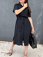 Чорне літнє плаття-сорочка з жатої бавовни з поясом