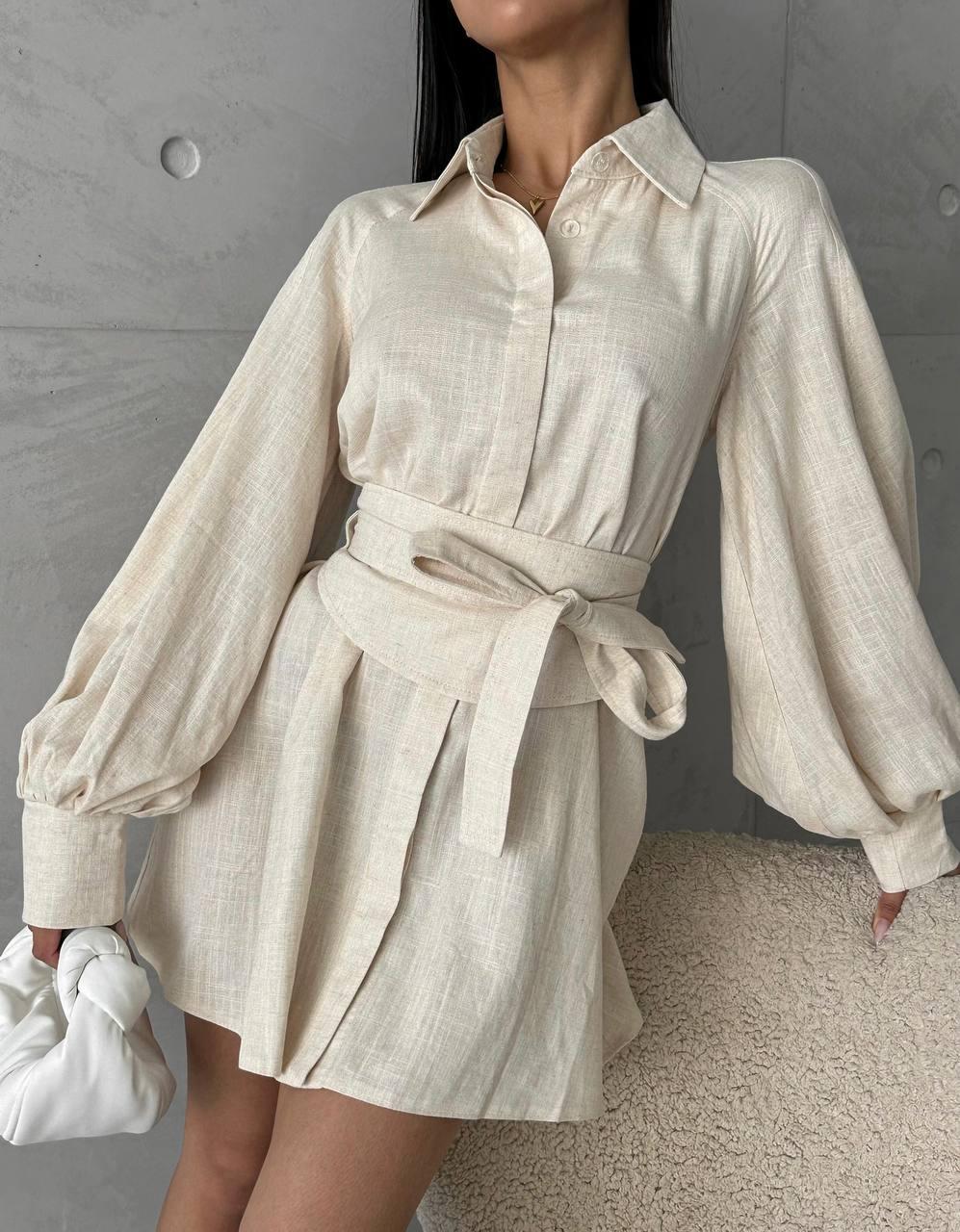 Сукня сорочка міні Кетрін New жіноча з льону стильна з об'ємними рукавами та поясом Smdi6417